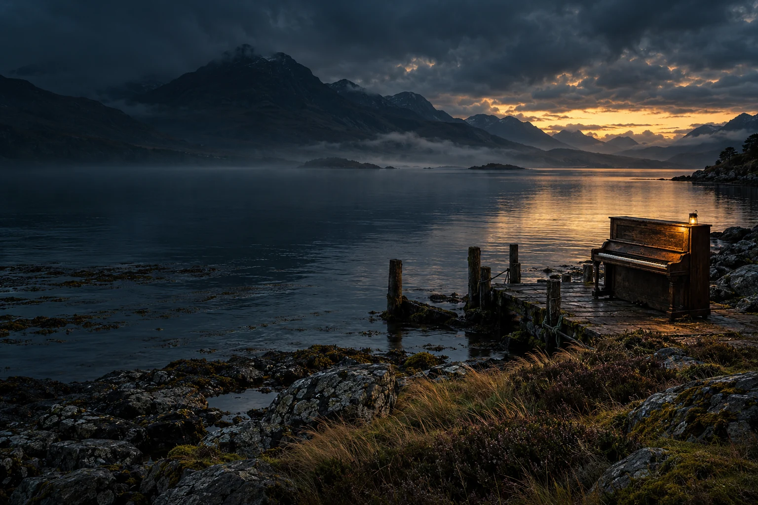 A weathered piano beside a Scottish sea loch at dusk.